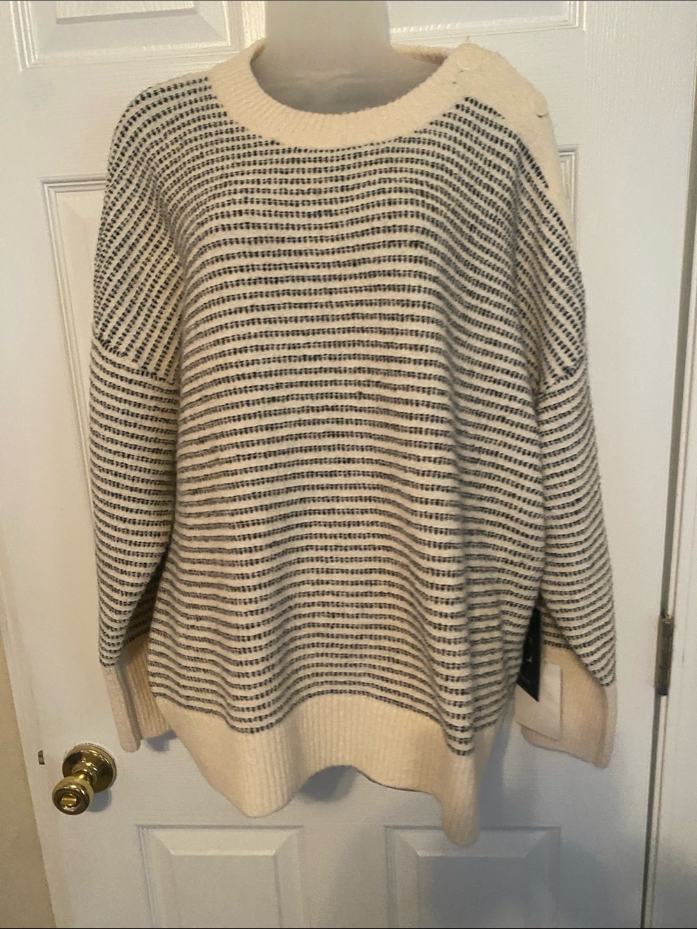 Cyrus New York Striped Crewneck Button-Shoulder Sweater - Cream/Black